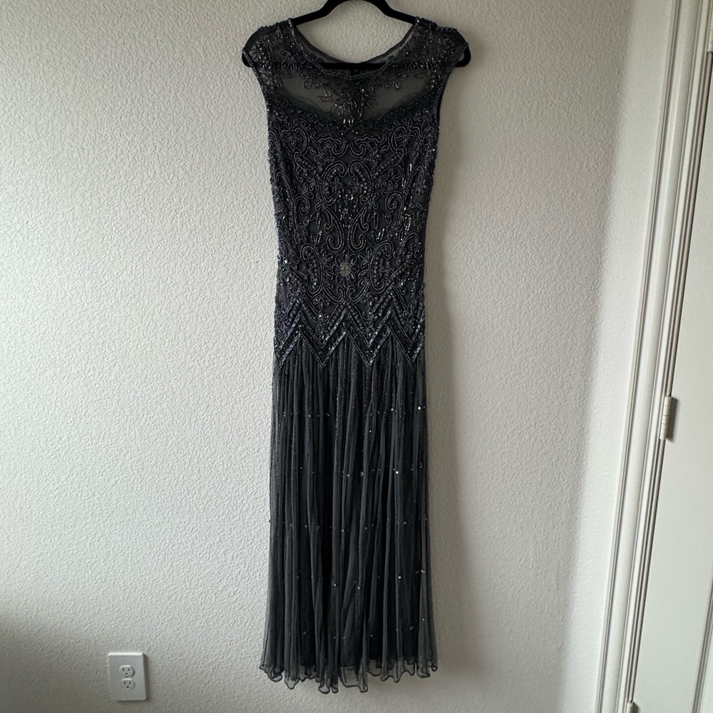 Elegant Gray Beaded Evening Gown
